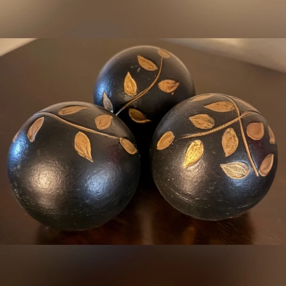 Pier 1 Earthy Black & Tan Decorative Orbs Set (3) | 3” Spheres | Modern Wood